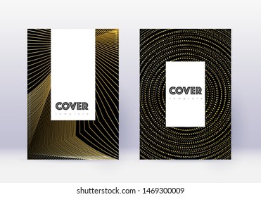 Hipster cover design template set. Gold abstract lines on black background. Charming cover design. Beauteous catalog, poster, book template etc.