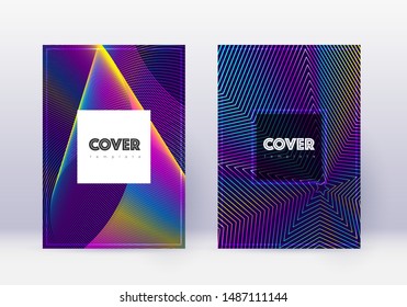 Hipster cover design template set. Rainbow abstract lines on dark blue background. Creative cover design. Ideal catalog, poster, book template etc.