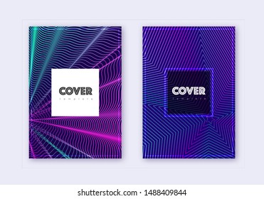 Hipster cover design template set. Neon abstract lines on dark blue background. Cool cover design. Radiant catalog, poster, book template etc.