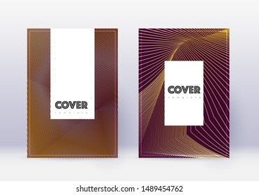 Hipster cover design template set. Gold abstract lines on maroon background. Charming cover design. Fantastic catalog, poster, book template etc.