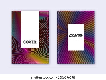Hipster cover design template set. Rainbow abstract lines on wine red background. Classy cover design. Delicate catalog, poster, book template etc.