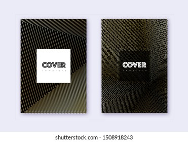 Hipster cover design template set. Gold abstract lines on black background. Comely cover design. Outstanding catalog, poster, book template etc.
