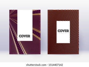 Hipster cover design template set. Gold abstract lines on maroon background. Charming cover design. Lively catalog, poster, book template etc.