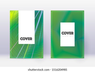 Hipster cover design template set. Green abstract lines on dark background. Charming cover design. Unusual catalog, poster, book template etc.