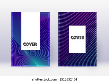 Hipster cover design template set. Neon abstract lines on dark blue background. Classic cover design. Awesome catalog, poster, book template etc.