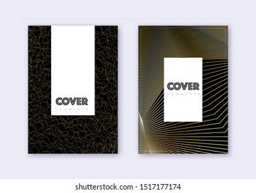 Hipster cover design template set. Gold abstract lines on black background. Charming cover design. Comely catalog, poster, book template etc.