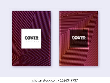 Hipster cover design template set. Violet abstract lines on dark background. Curious cover design. Modern catalog, poster, book template etc.