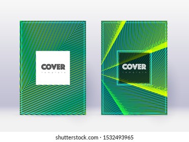 Hipster cover design template set. Green abstract lines on dark background. Cool cover design. Curious catalog, poster, book template etc.