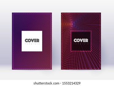Hipster cover design template set. Violet abstract lines on dark background. Curious cover design. Fetching catalog, poster, book template etc.