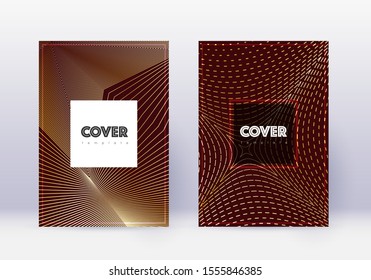 Hipster cover design template set. Gold abstract lines on maroon background. Comely cover design. Pleasing catalog, poster, book template etc.