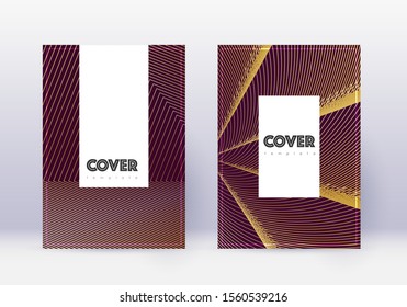Hipster cover design template set. Gold abstract lines on maroon background. Charming cover design. Fresh catalog, poster, book template etc.
