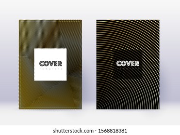 Hipster cover design template set. Gold abstract lines on black background. Comely cover design. Marvelous catalog, poster, book template etc.