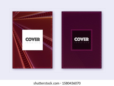 Hipster cover design template set. Orange abstract lines on wine red background. Creative cover design. Captivating catalog, poster, book template etc.