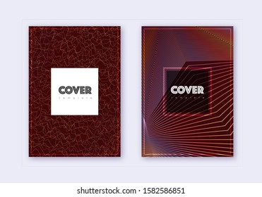 Hipster cover design template set. Orange abstract lines on wine red background. Creative cover design. Awesome catalog, poster, book template etc.