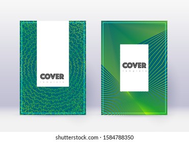 Hipster cover design template set. Green abstract lines on dark background. Charming cover design. Unequaled catalog, poster, book template etc.