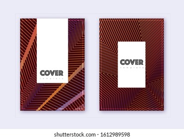 Hipster cover design template set. Orange abstract lines on wine red background. Classic cover design. Overwhelming catalog, poster, book template etc.
