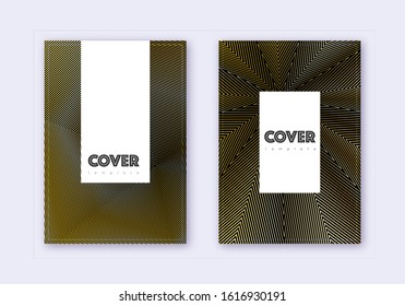 Hipster cover design template set. Gold abstract lines on black background. Charming cover design. Bizarre catalog, poster, book template etc.