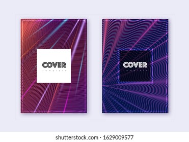 Hipster cover design template set. Violet abstract lines on dark background. Curious cover design. Pleasant catalog, poster, book template etc.