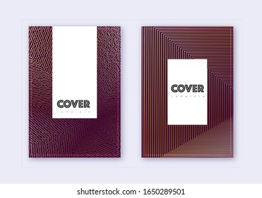 Hipster cover design template set. Gold abstract lines on maroon background. Charming cover design. Grand catalog, poster, book template etc.