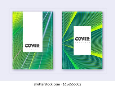 Hipster cover design template set. Green abstract lines on dark background. Charming cover design. Pleasing catalog, poster, book template etc.