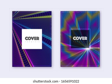 Hipster cover design template set. Rainbow abstract lines on dark blue background. Creative cover design. Indelible catalog, poster, book template etc.