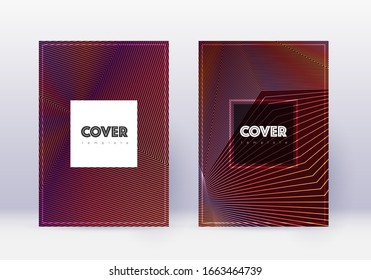 Hipster cover design template set. Orange abstract lines on wine red background. Creative cover design. Bewitching catalog, poster, book template etc.