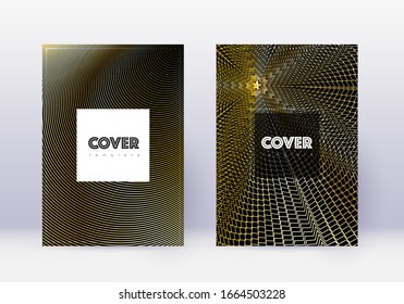 Conjunto de plantillas de diseño de portada de hipster. Líneas abstractas de oro sobre fondo negro. Diseño de portada. Catálogo, póster, plantilla de libro, etc.