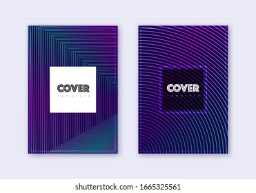 Hipster cover design template set. Neon abstract lines on dark blue background. Cool cover design. Outstanding catalog, poster, book template etc.