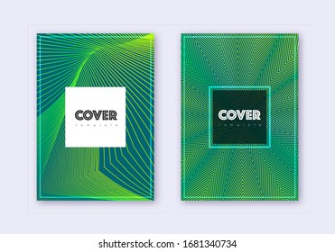 Conjunto de plantillas de diseño de portada de hipster. Líneas abstractas verdes sobre fondo oscuro. Diseño de tapa fría. Delicioso catálogo, afiche, plantilla de libro, etc.