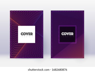 Hipster cover design template set. Violet abstract lines on dark background. Curious cover design. Pretty catalog, poster, book template etc.