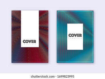 Hipster Cover Design Template Set. Abstrakte, rote, blaue Linien auf dunklem Hintergrund. Elegantes Cover-Design. Vermietung Katalog, Poster, Buchvorlage etc.