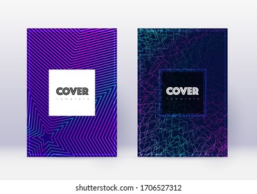 Conjunto de plantillas de diseño de portada de hipster. Neon líneas abstractas sobre fondo azul oscuro. Diseño de tapa fría. Catálogo memorable, póster, plantilla de libro, etc.
