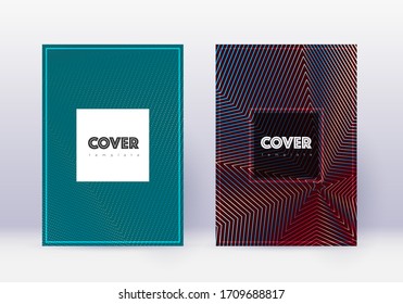 Hipster cover design template set. Red abstract lines on white blue background. Curious cover design. Captivating catalog, poster, book template etc.