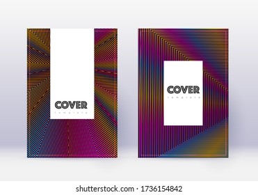 Hipster cover design template set. Rainbow abstract lines on wine red background. Classy cover design. Fantastic catalog, poster, book template etc.