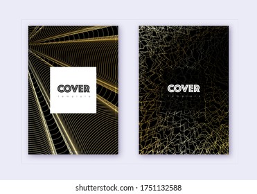 Hipster cover design template set. Gold abstract lines on black background. Comely cover design. Favorable catalog, poster, book template etc.