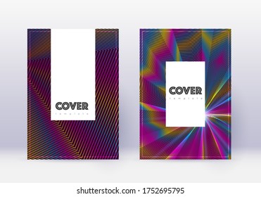 Hipster cover design template set. Rainbow abstract lines on wine red background. Classy cover design. Extraordinary catalog, poster, book template etc.