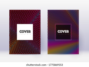 Hipster cover design template set. Rainbow abstract lines on wine red background. Curious cover design. Actual catalog, poster, book template etc.