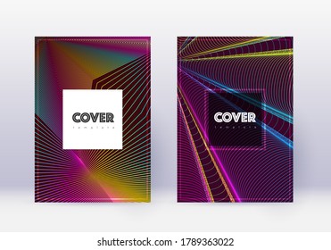 Hipster cover design template set. Rainbow abstract lines on wine red background. Creative cover design. Pretty catalog, poster, book template etc.