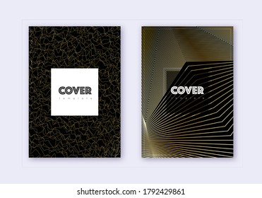 Hipster cover design template set. Gold abstract lines on black background. Comely cover design. Nice catalog, poster, book template etc.