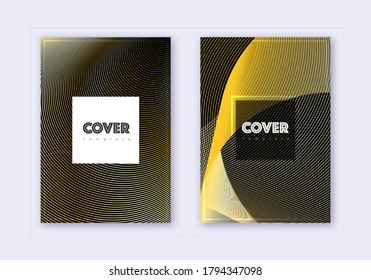 Hipster cover design template set. Gold abstract lines on black background. Comely cover design. Fair catalog, poster, book template etc.