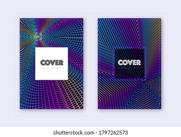 Hipster cover design template set. Rainbow abstract lines on dark blue background. Creative cover design. Fantastic catalog, poster, book template etc.