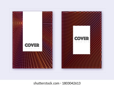 Hipster cover design template set. Orange abstract lines on wine red background. Classic cover design. Interesting catalog, poster, book template etc.