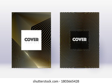 Conjunto de plantillas de diseño de portada Hipster. Líneas abstractas de oro sobre fondo negro. Diseño de portada. Catálogo, afiche, plantilla de libro, etc.