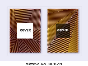 Hipster cover design template set. Gold abstract lines on maroon background. Cool cover design. Alluring catalog, poster, book template etc.