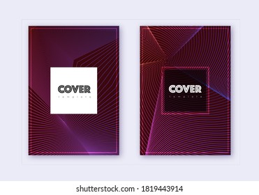 Hipster cover design template set. Violet abstract lines on dark background. Curious cover design. Magnificent catalog, poster, book template etc.