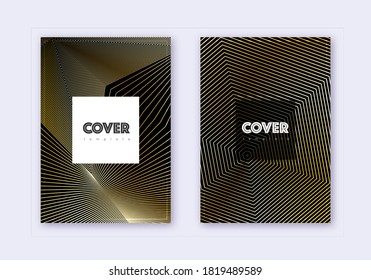 Hipster cover design template set. Gold abstract lines on black background. Comely cover design. Fine catalog, poster, book template etc.
