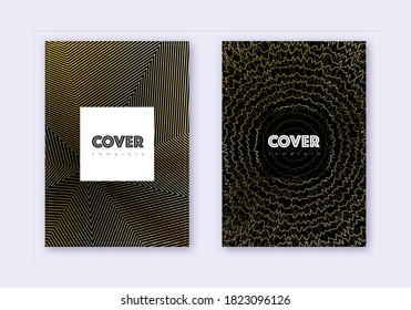 Hipster cover design template set. Gold abstract lines on black background. Comely cover design. Fresh catalog, poster, book template etc.