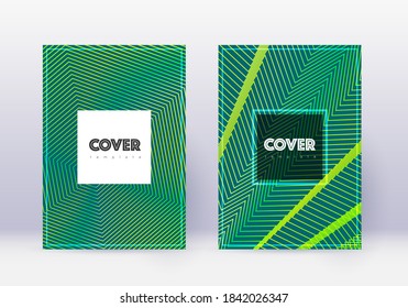 Hipster cover design template set. Green abstract lines on dark background. Cool cover design. Gorgeous catalog, poster, book template etc.