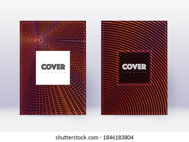 Hipster cover design template set. Orange abstract lines on wine red background. Creative cover design. Comely catalog, poster, book template etc.