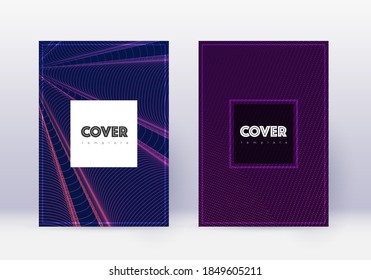 Hipster cover design template set. Violet abstract lines on dark background. Curious cover design. Optimal catalog, poster, book template etc.